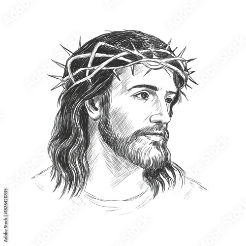 Portrait Jesus Christ isolated on white background freehand.