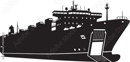 Silhouette of a large ferry boat carrying cars at sea during daytime