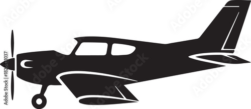 Single engine propeller airplane silhouette on white background