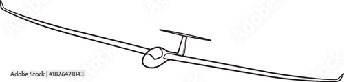 Minimalist line drawing of a glider airplane isolated on white background.