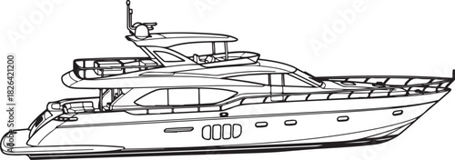 Luxury motor yacht line art on white background isolated