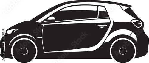 Black and white silhouette of a modern compact city car, side view.