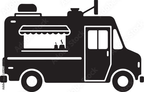 Silhouette food truck with open awning and serving window