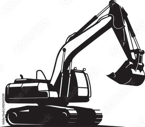 Heavy duty excavator silhouette on white background for construction