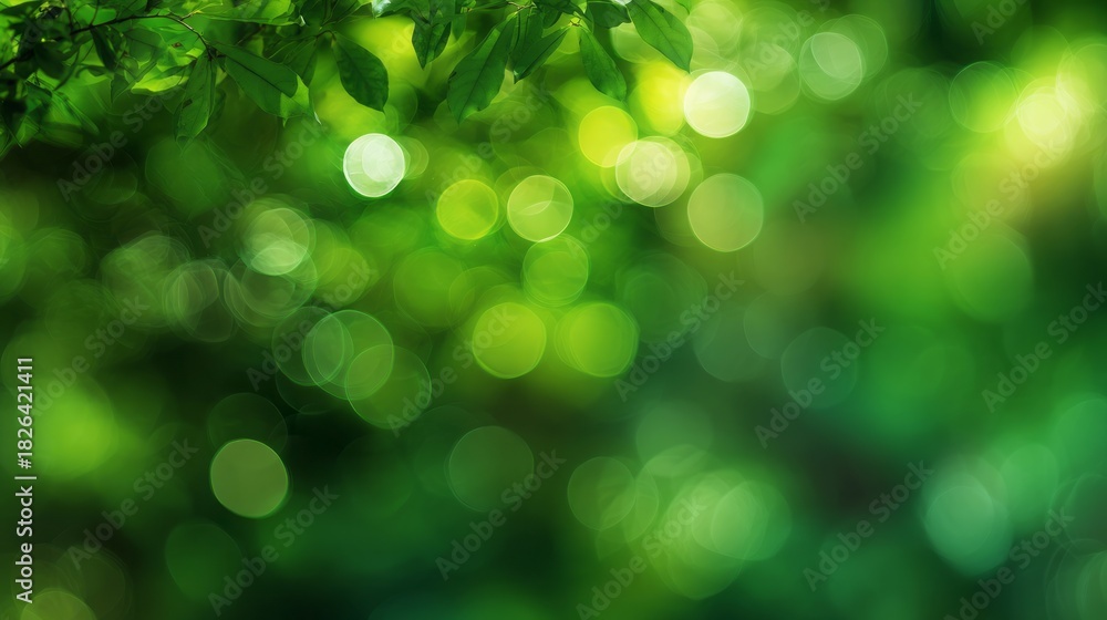 Fototapeta premium Soft blurred green bokeh background with shimmering light circles and gentle nature-inspired glow creating a fresh organic abstract backdrop for eco themes and peaceful design projects