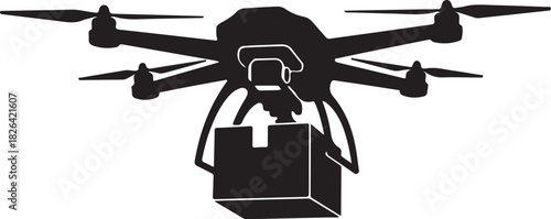 Drone delivering a package with propellers and camera visible isolated