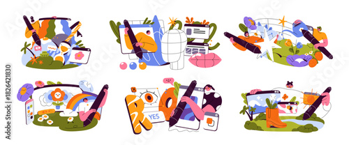Digital artists with pencil concept set. UI designers create abstract interface. Illustrators 3D modeling, painting, drawing. Creative professions. Flat isolated vector illustrations on white.