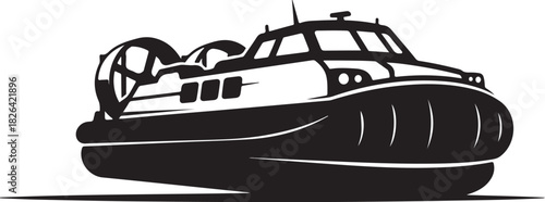 Graphic illustration of a hovercraft in black and white silhouette