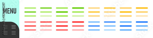 Hamburger Menu icon set featuring three horizontal lines in in color versions, ideal for navigation drawers, mobile interfaces, hidden menus, and UI toggles