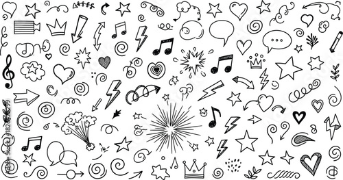 Collection of hand drawn doodle elements. Includes star, heart, swirl, arrow, cloud, speech bubble, crown, note, lightning and different signs.