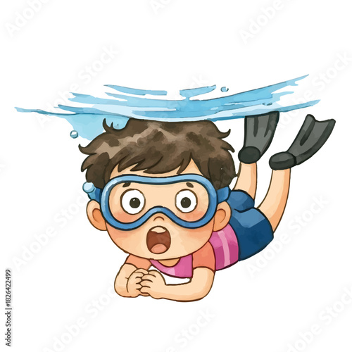 Cute Kid Swimming Underwater with Snorkel and Flippers