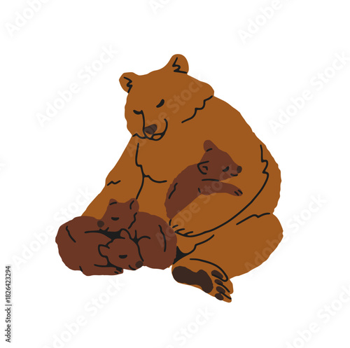 Mother and babies bear hug and have a rest. Mom cuddles, cares about her cute cubs. Family of grizzly sleeps together. Animal with its kids. Flat isolated vector illustration on white background.