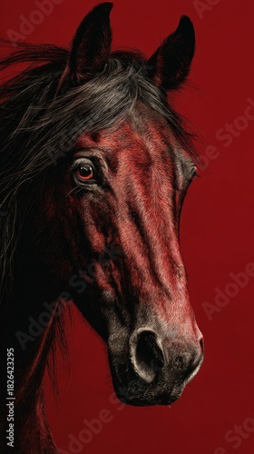 A striking digital artwork of a red horse captured in a close-up, frontal portrait. Intensity, and motion, perfect for use in stylized branding, New Year celebration visuals, fantasy-themed designs.