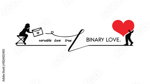 A woman sends a letter with a heart symbol to a man holding a large red heart symbolizing binary love