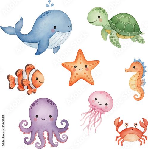 Cute Kawaii Watercolor Sea Animals Ocean Clipart Set