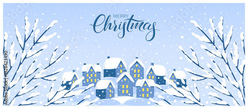 Winter background, landscape with houses and trees. Holiday banner for New Year and Christmas background. Vector illustration