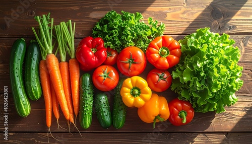 Fresh vegetables assortment on wooden surface