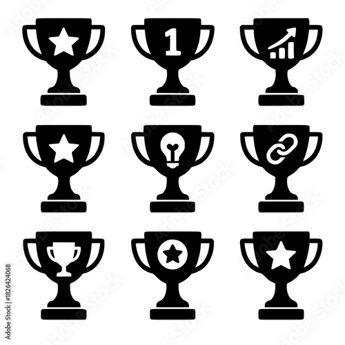 Achievement Trophy Icons –  Bold Black vector with Thematic Symbols"