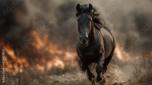 A powerful black horse gallops toward the camera through a field as flames and smoke rise in the background. The dramatic lighting highlights the horse's muscular form and flowing mane