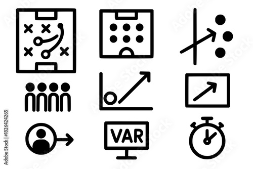 Soccer Strategy and Analysis Icons – 9 Bold Black Pictograms for Game Management