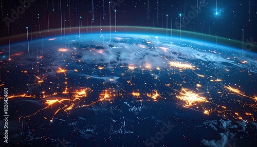 Digital Globalization: Streams of light representing data flows connecting iconic global landmarks in a dark
