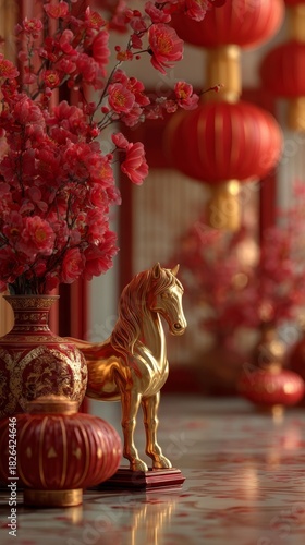 Chinese New Year decoration with a golden horse statue and red lanterns. Vertical festive still life for the Year of the Horse celebration