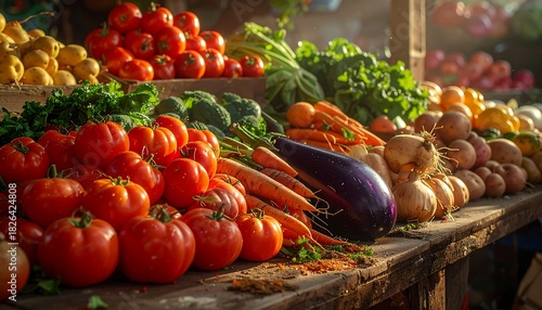 Fresh vegetables displayed on wooden table