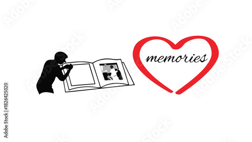 Silhouette of a person looking through a photo album with a red heart containing the word memories nearby