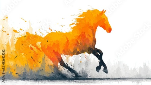 A vibrant watercolor-style digital illustration depicting the silhouette of an orange horse in full gallop. The dynamic splashes of orange, yellow, and gray convey movement and energy
