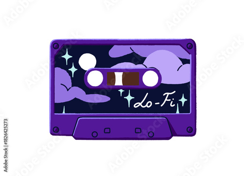 Retro design of lofi mixtape sticker with night sky. Vintage audio cassette of calm bedtime music. Old mix tape of lo fi records, peaceful sings. Flat isolated vector illustration on white background.