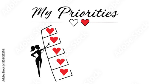 Woman climbing a ladder of hearts representing her priorities with text my priorities and two hearts above