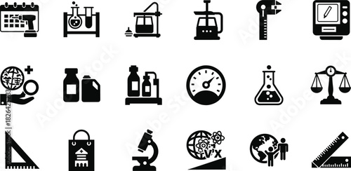 Science and education icon set featuring lab equipment, measurement tools, medicine, STEM symbols, and global learning concepts
