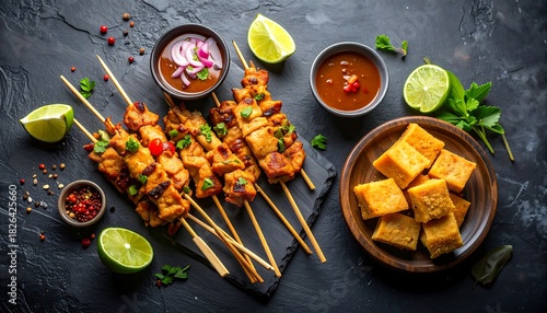 Grilled chicken skewers on dark background