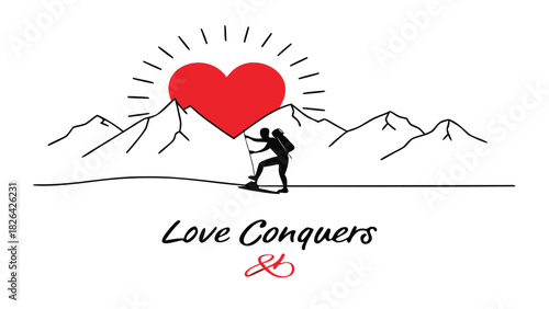Silhouette hiker reaching the summit of a mountain with a large red heart symbolizing love and success