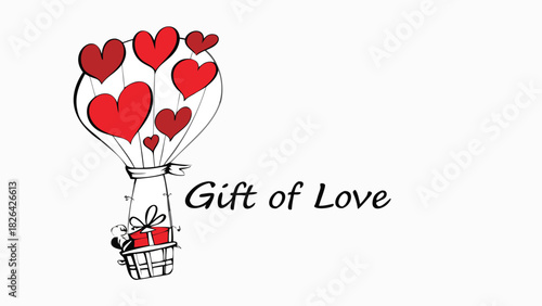 Whimsical hot air balloon filled with red hearts carrying a gift box and the text gift of love