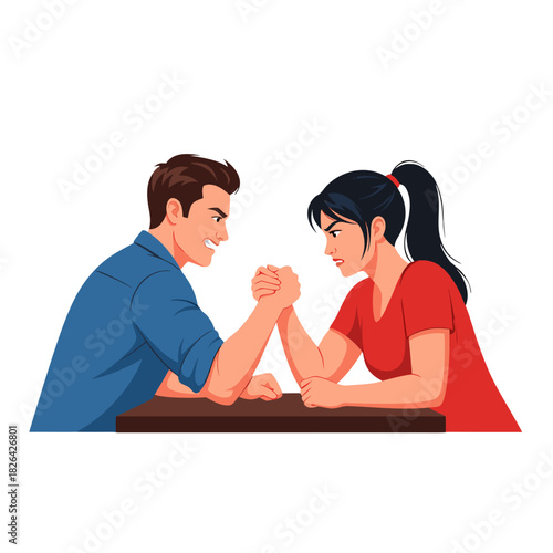 Young man and woman arm wrestling while competing at a table  