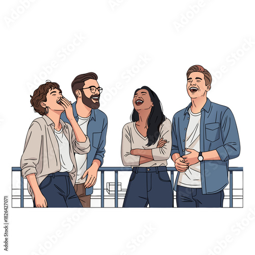 Group of friends laughing together on rooftop outdoors celebrating  