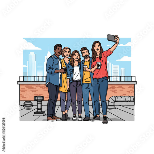 Group of friends taking selfie on rooftop in urban setting  