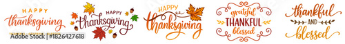 Thanksgiving Fall Lettering Set. Autumn Typography Quotes and Calligraphy Phrases with Leaves and Seasonal Decorations