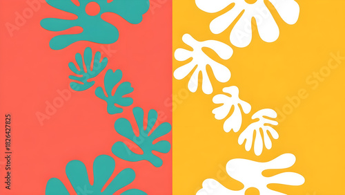 Minimalist Art: Abstract Floral Cutouts in Contrasting Teal, White, Coral, and Yellow Color Palette - Bold and Graphic Design