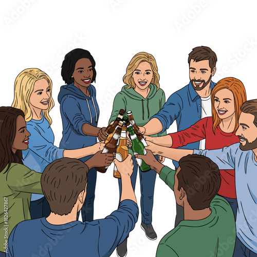 Group of friends clinking beer bottles in celebration of Happy birthday  