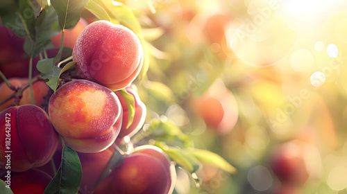 Luscious peaches hang heavy from sun drenched branches ready for harvest, summer sweetness abounds