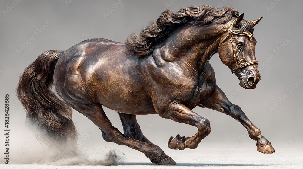 Naklejka premium Majestic bronze equine sculpture captures the powerful motion of a galloping horse with dynamic energy and exquisite detail.