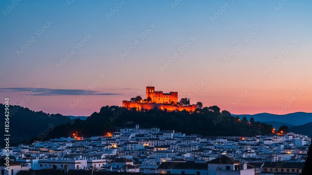Fototapeta premium Glowing almodóvar del río castle stands majestically over the charming village during twilight hours