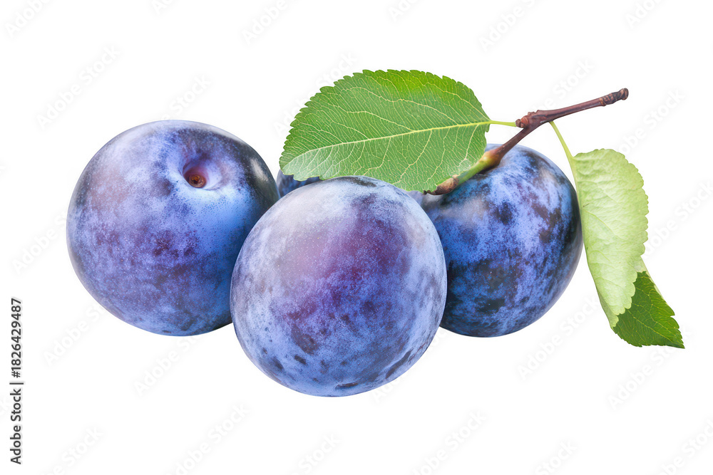 Obraz premium Freshly harvested plums with purple skin and green leaves. arranged on a clean white background. their natural beauty. ideal for culinary or health-related uses