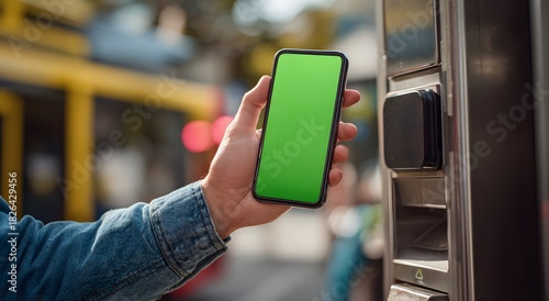 Woman using smartphone with green screen to pay fare on public transport terminal