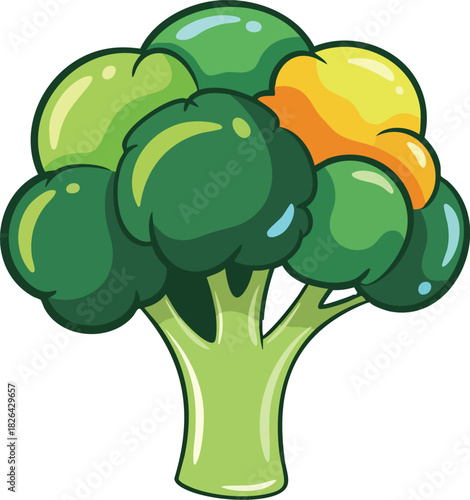 Green broccoli with rounded tree-like top, colorful kids food vector