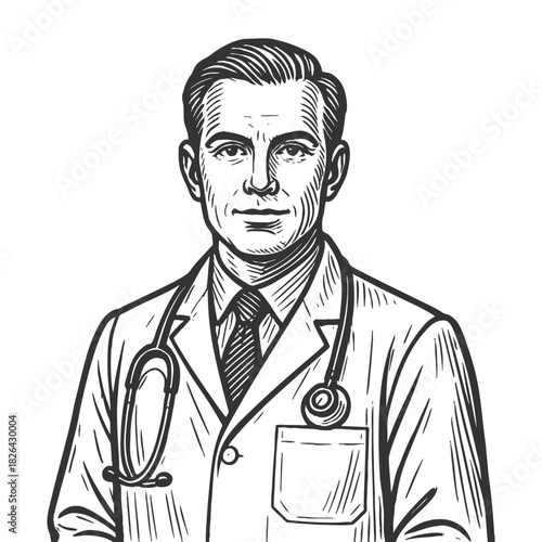 confident male doctor with stethoscope, representing healthcare and professionalism sketch engraving generative ai vector illustration. Scratch board imitation. Black and white image.