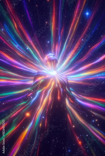 the generated art. A human figure made of threads of energies and luminous particles shines against the background of space
