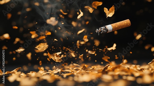 Floating cigarette surrounded by swirling tobacco leaves in a dynamic, smoky atmosphere Generative AI